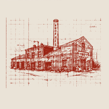 Red architectural illustration of a distillery on a cream background for ABC Packaging